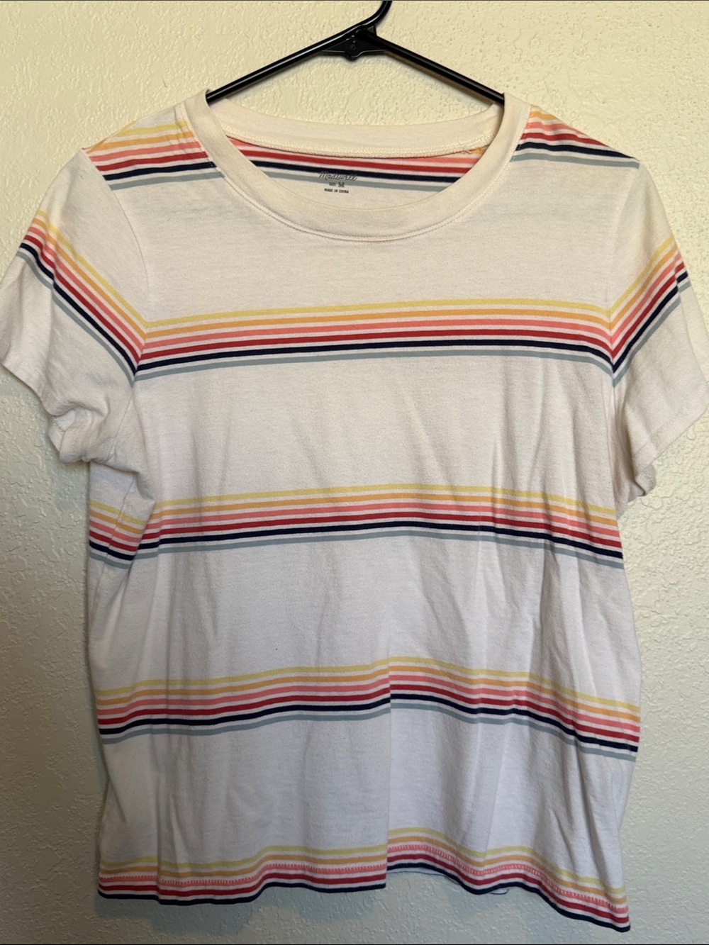 Madewell White Short-Sleeve Tee with Pink, Yellow & Navy Stripes